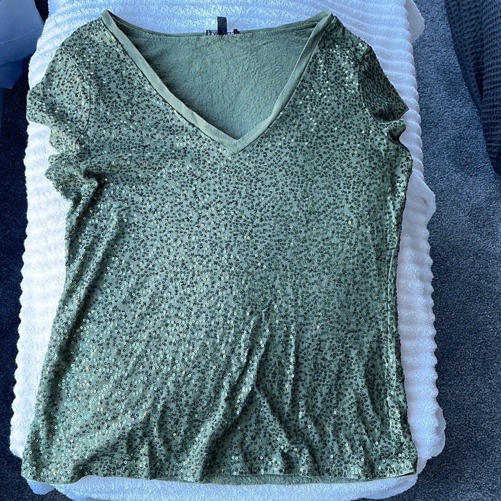 Vintage Express Green Sequin V Neck Short Sleeve Top Size M